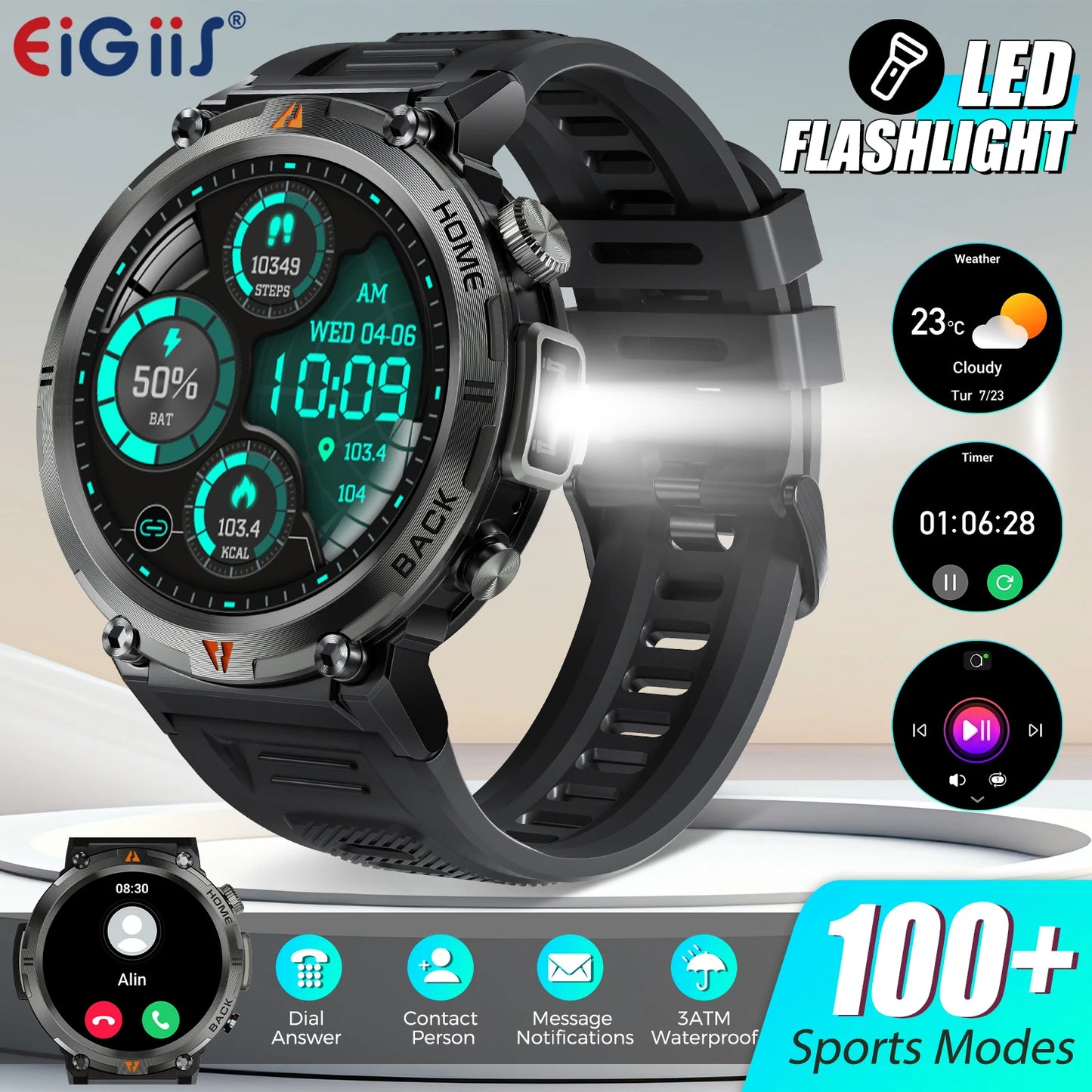 EIGIIS 2025 New Smart Watch KE3 3ATM Waterproof Sport Genuine Original Design Men Bluetooth Call Health Monitor With Flashlight