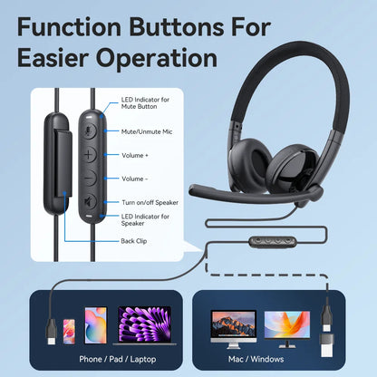 MEET Wired Headset with Microphone Call Center USB Headphones ENC Noise Cancelling Office Cable Earphones for Phone/PC Computer